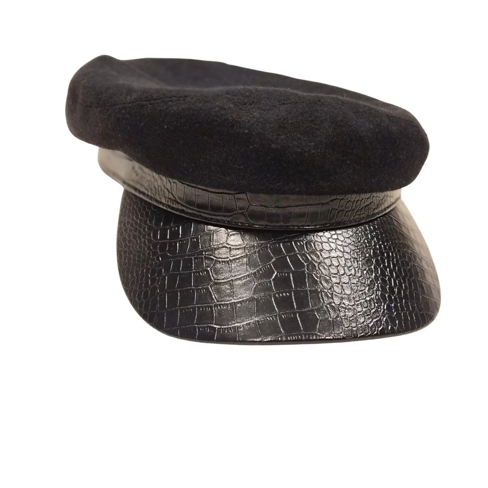 BCBGMAXAZRIA Black Wool Blend Baker Boy Hat Croc Embossed Faux Leather Trim OSFM